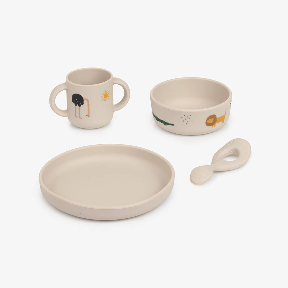 Liewood-طقم أدوات مائدة بطبعة حيوانات السفاري لون بيج (4 قطع) | Childrensalon