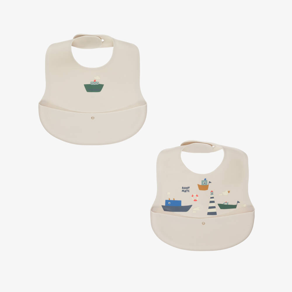 Liewood-Beige Silicone Bibs with Boat Motifs (2 Pack) | Childrensalon