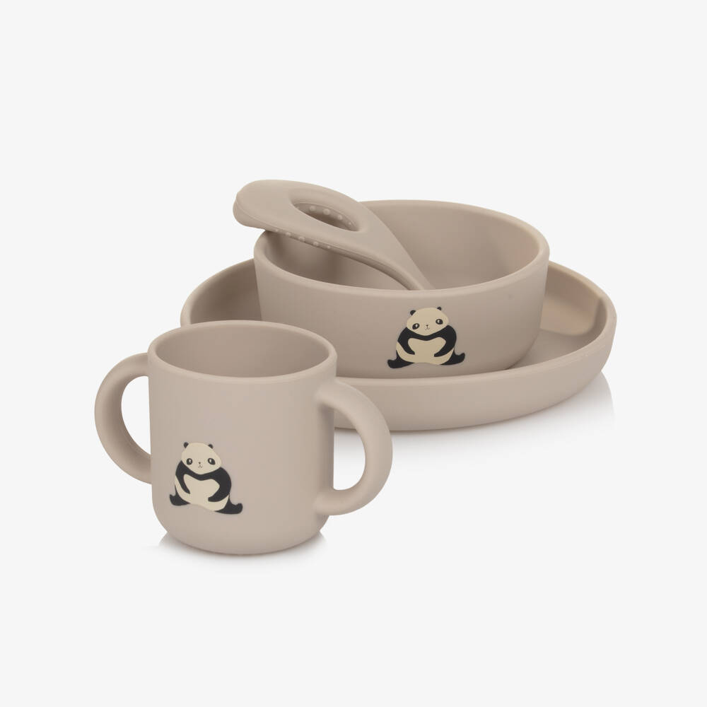 Liewood-Beige Silicone Tableware Set with Panda Motifs (4 Pieces) | Childrensalon