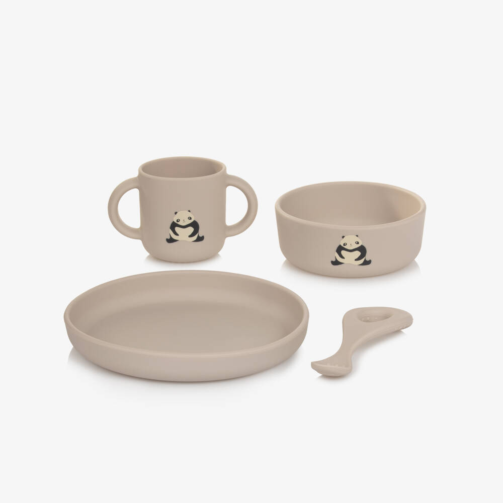 Liewood-Beige Silicone Tableware Set with Panda Motifs (4 Pieces) | Childrensalon