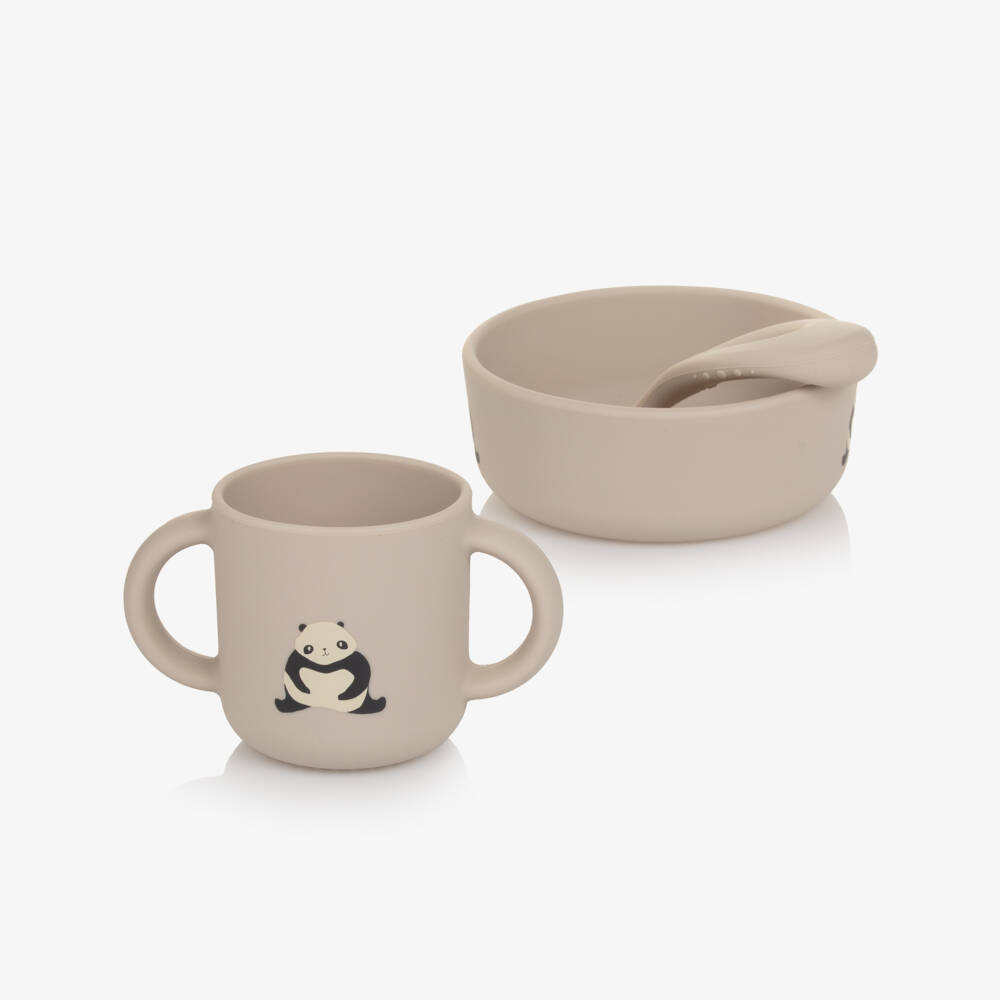 Liewood-Beige Silicone Tableware Set with Panda Motifs (4 Pieces) | Childrensalon