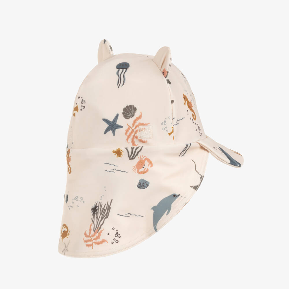 Liewood-Beige Swim Hat with Sea Creatures Print (UPF40+) | Childrensalon
