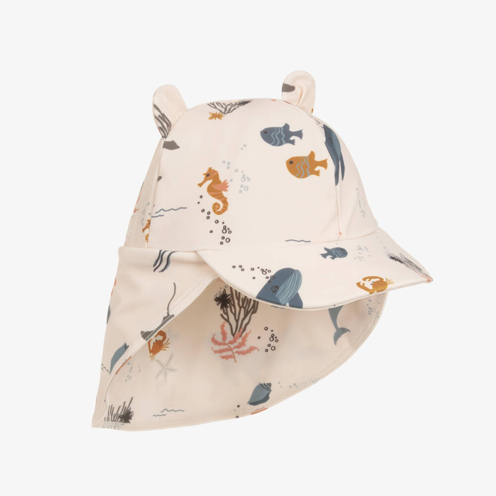 Liewood-Beige Swim Hat with Sea Creatures Print (UPF40+) | Childrensalon