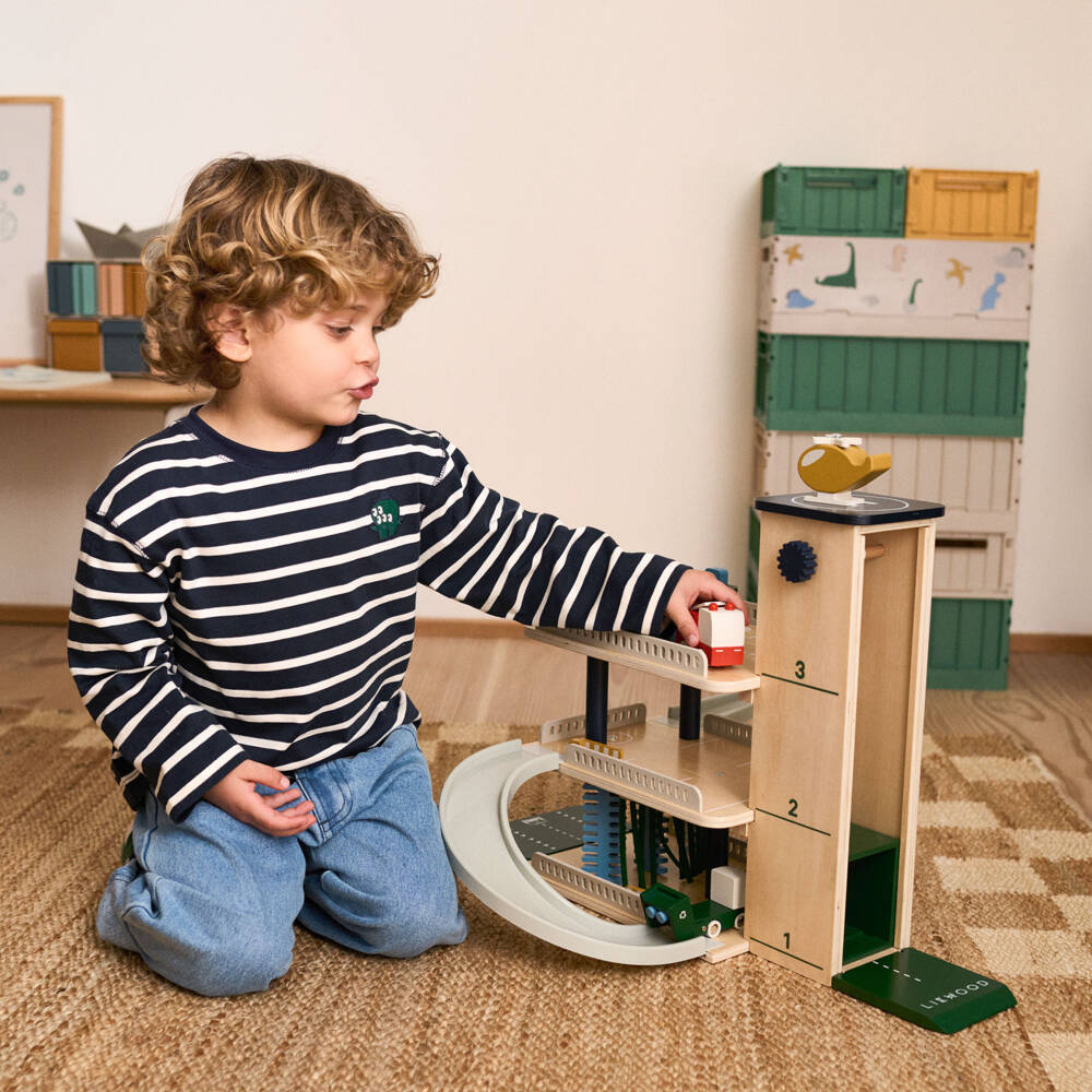 Liewood-Blue Wooden Multi Level Car Park Toy (39cm) | Childrensalon