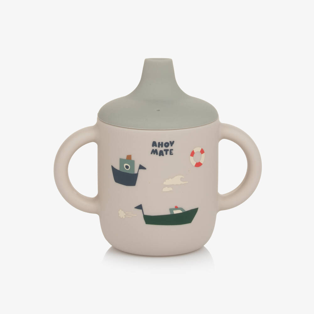 Liewood-Boys Beige & Blue Silicone Sippy Cup with Boat Motifs (11cm) | Childrensalon