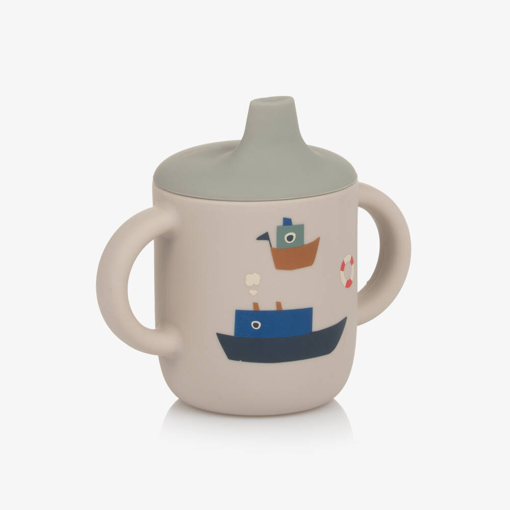 Liewood-Boys Beige & Blue Silicone Sippy Cup with Boat Motifs (11cm) | Childrensalon