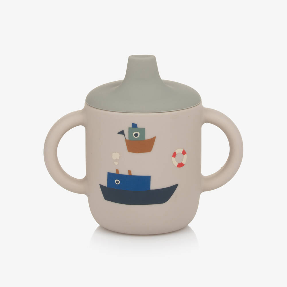 Liewood-Boys Beige & Blue Silicone Sippy Cup with Boat Motifs (11cm) | Childrensalon