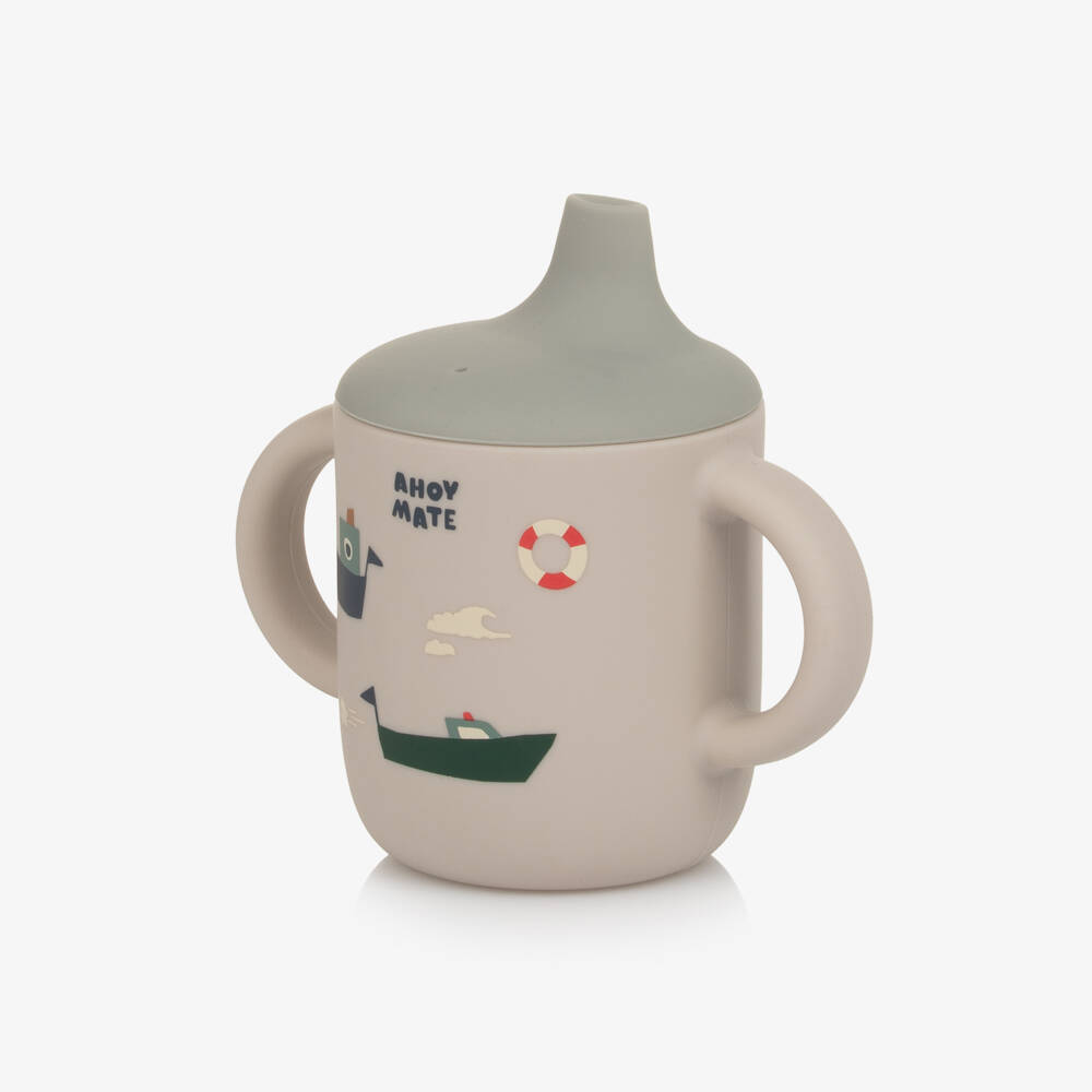 Liewood-Boys Beige & Blue Silicone Sippy Cup with Boat Motifs (11cm) | Childrensalon