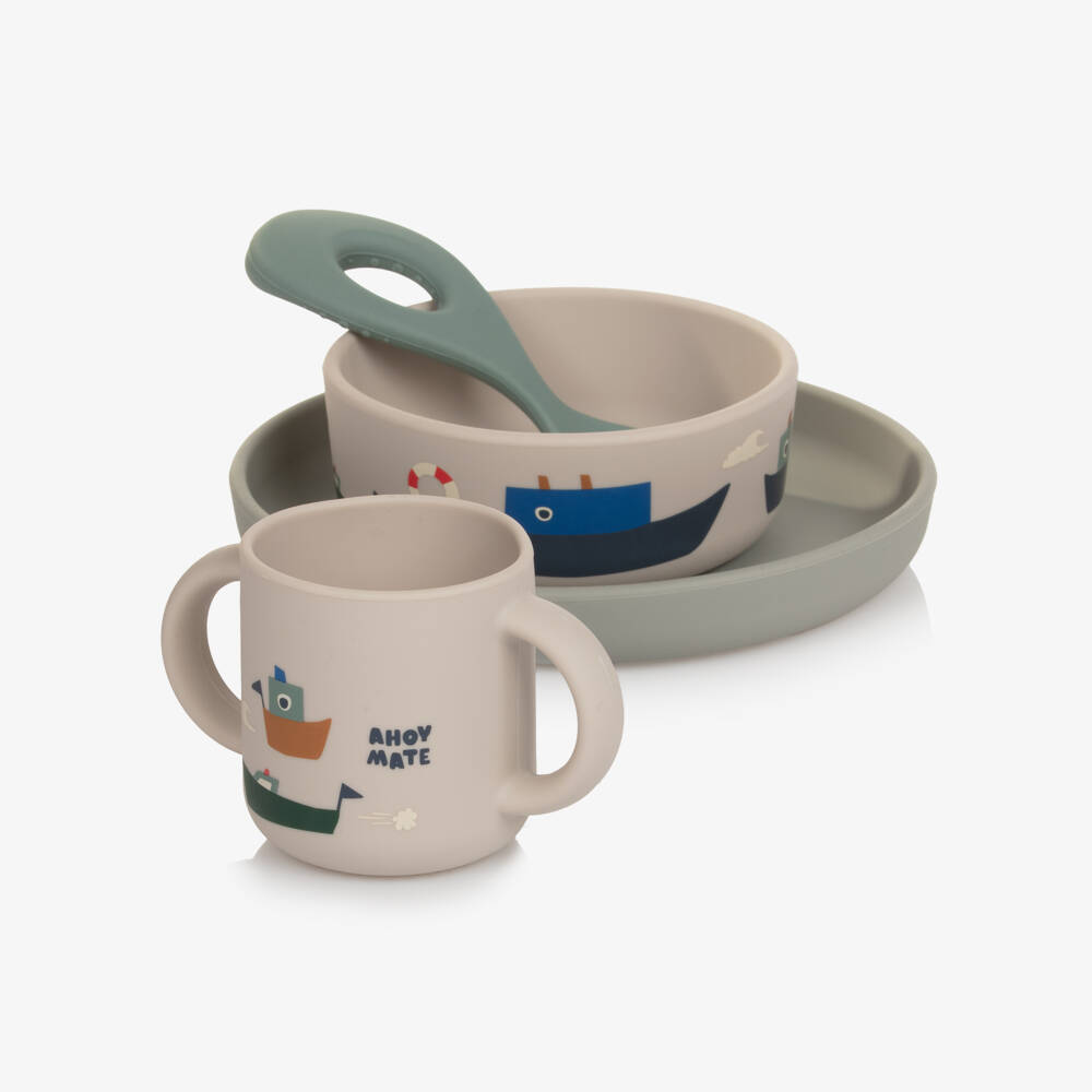 Liewood-Boys Beige & Blue Silicone Tableware Set with Boat Motifs (4 Pieces) | Childrensalon