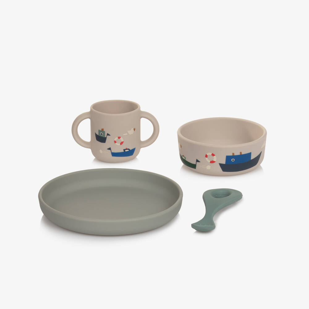 Liewood-Boys Beige & Blue Silicone Tableware Set with Boat Motifs (4 Pieces) | Childrensalon