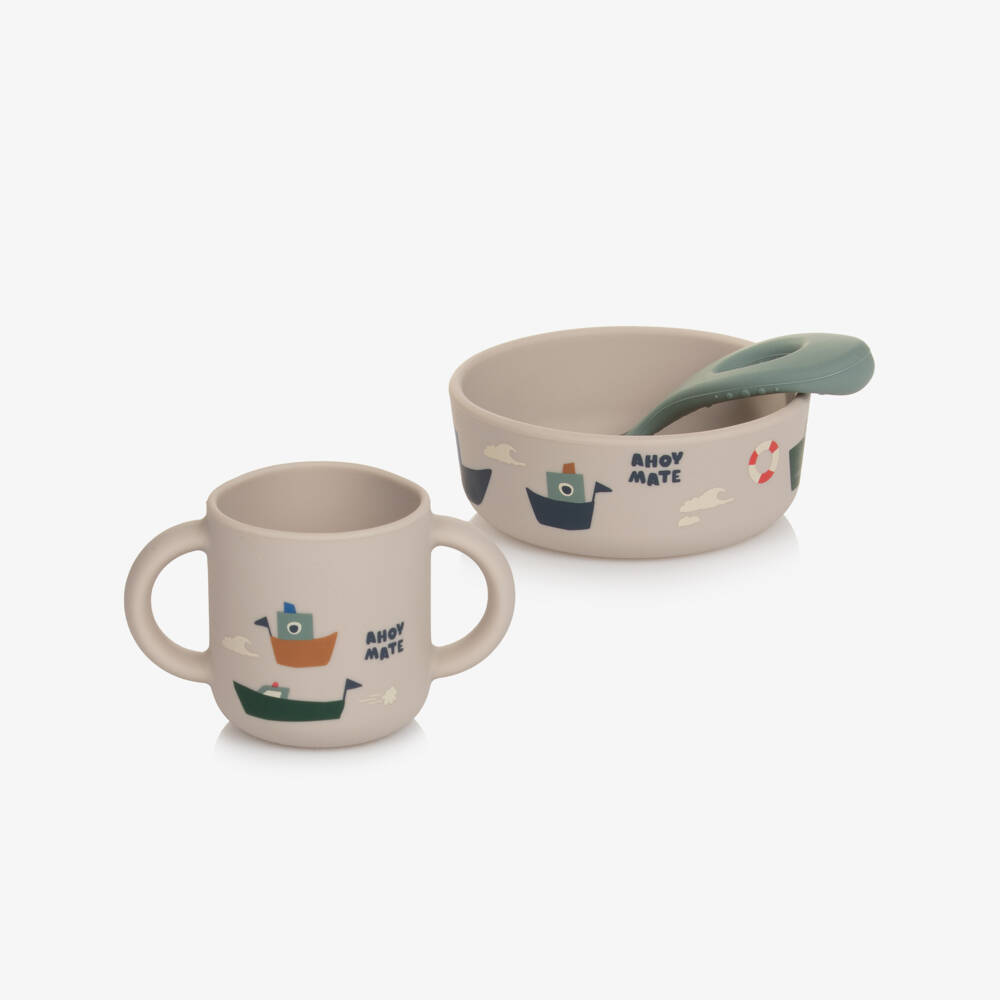 Liewood-Boys Beige & Blue Silicone Tableware Set with Boat Motifs (4 Pieces) | Childrensalon