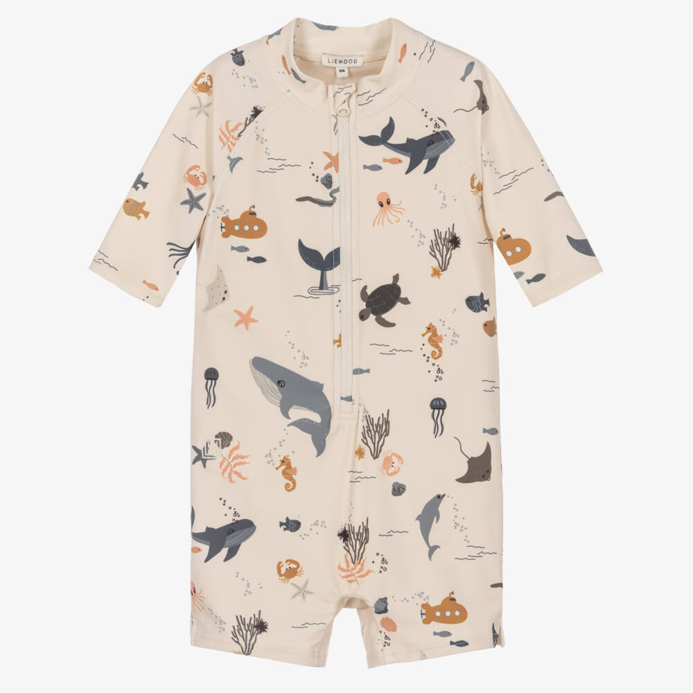Liewood-Boys Beige Sea Creatures Sun Suit | Childrensalon