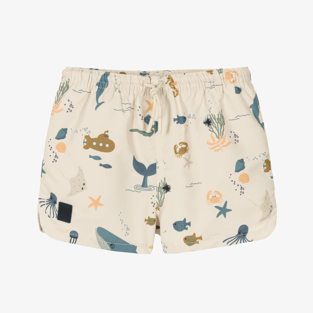 Liewood-Boys Beige Swim Shorts with Sea Creatures Print | Childrensalon