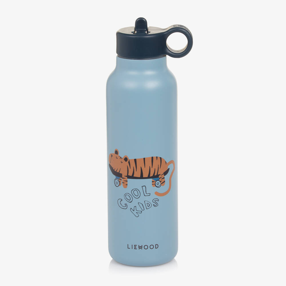 Liewood-Boys Blue Stainless Stain Water Bottle with Tiger Motif (22cm) | Childrensalon