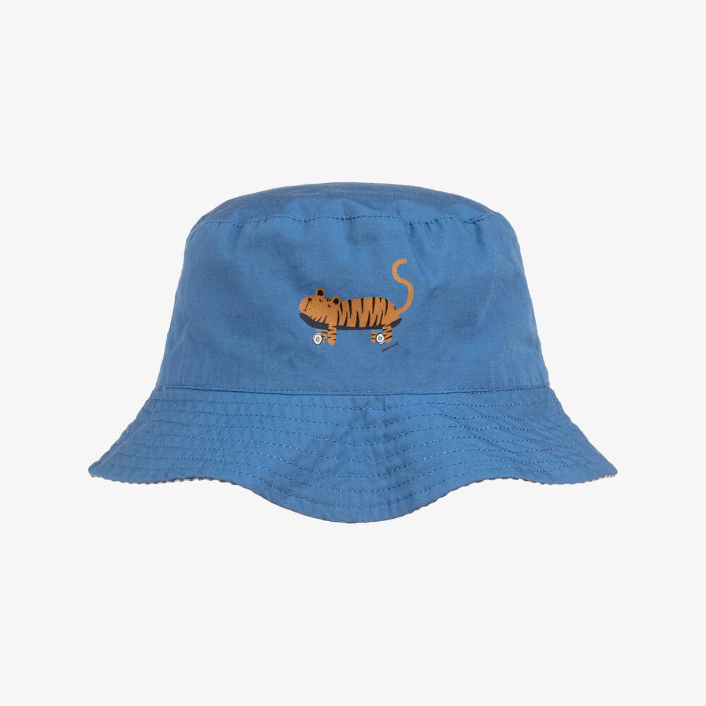 Liewood-Boys Blue & Striped Reversible Bucket Hat with Tiger Motif | Childrensalon