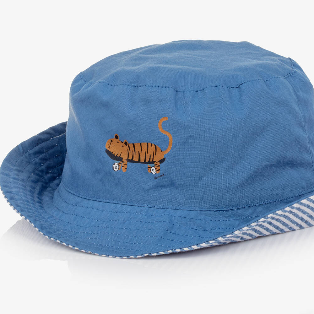Liewood-Boys Blue & Striped Reversible Bucket Hat with Tiger Motif | Childrensalon