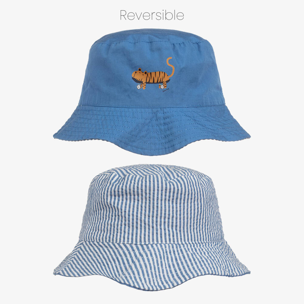 Liewood-Boys Blue & Striped Reversible Bucket Hat with Tiger Motif | Childrensalon