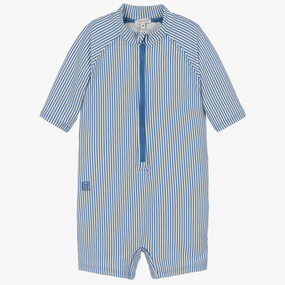 Liewood-Boys Blue & White Stripe Sun Suit | Childrensalon