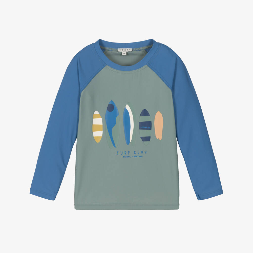 Liewood-Boys Green & Blue Surfboard Swim Top (UPF 40+) | Childrensalon