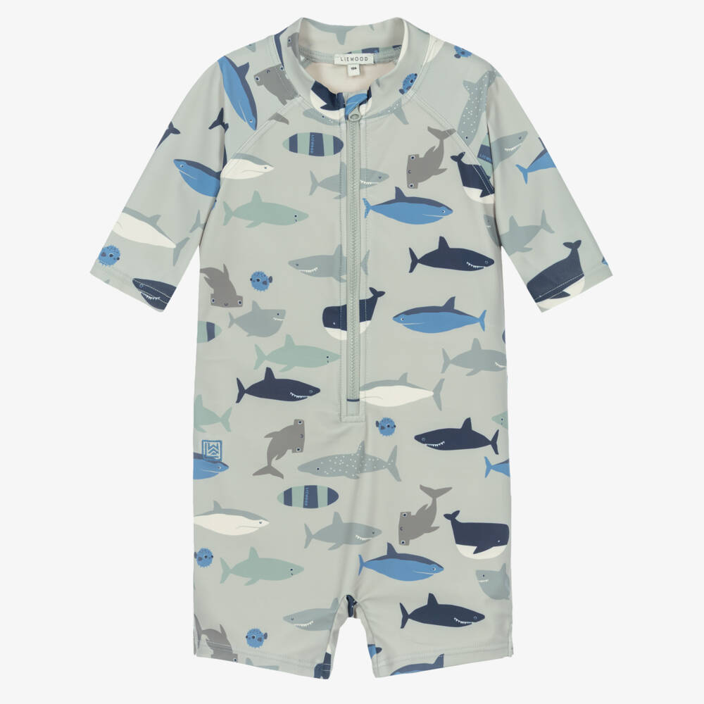 Liewood-Boys Green Sharks Sun Suit | Childrensalon