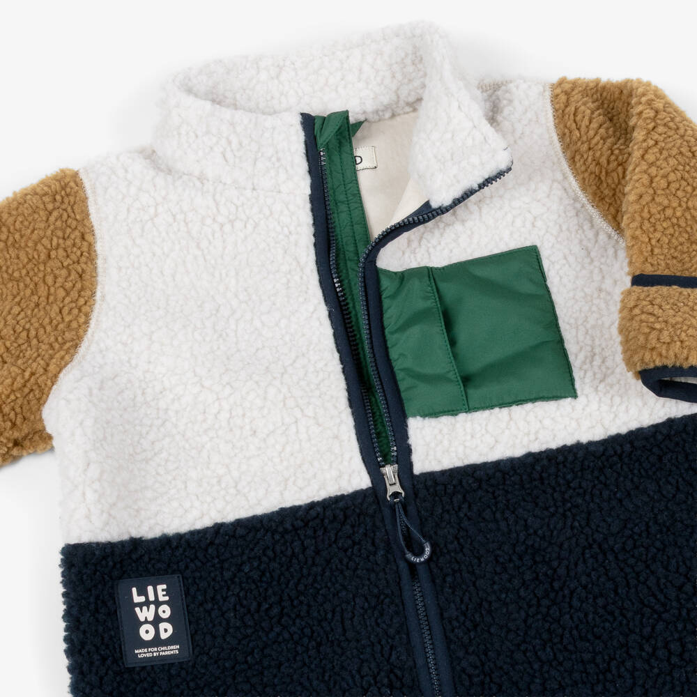 Liewood-Boys Ivory & Blue Fleece Zip-Up Pramsuit | Childrensalon