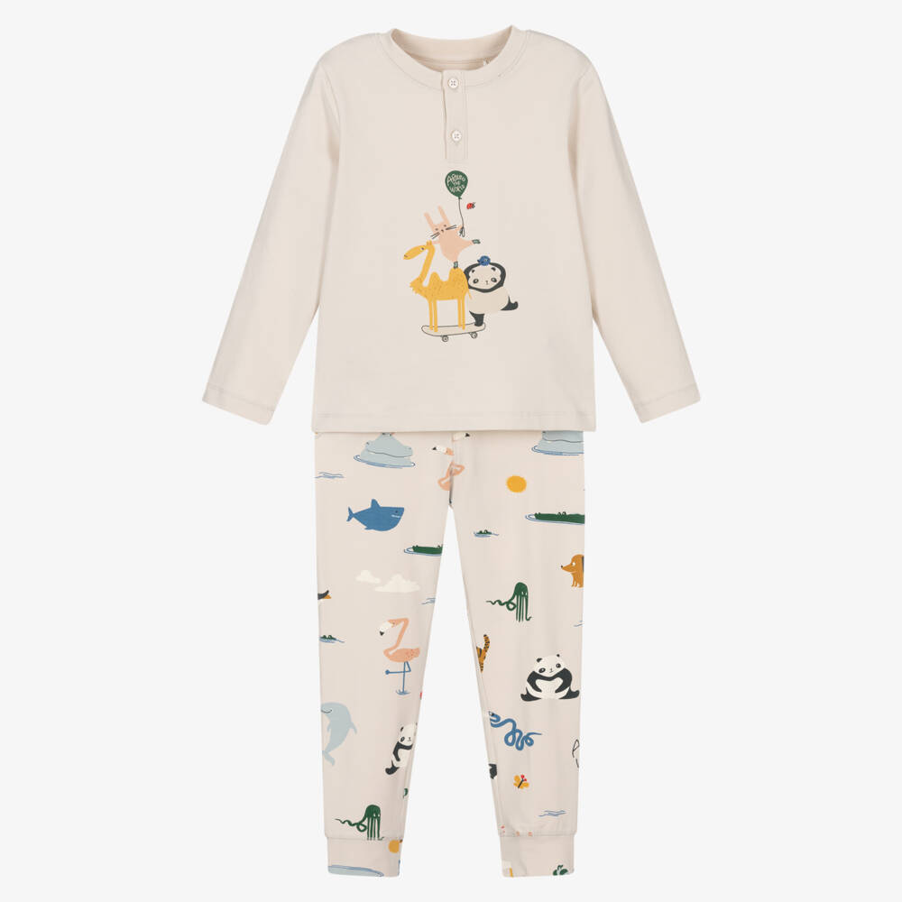 Liewood-Boys Ivory Cotton Pyjamas with Around The World Animal Print | Childrensalon