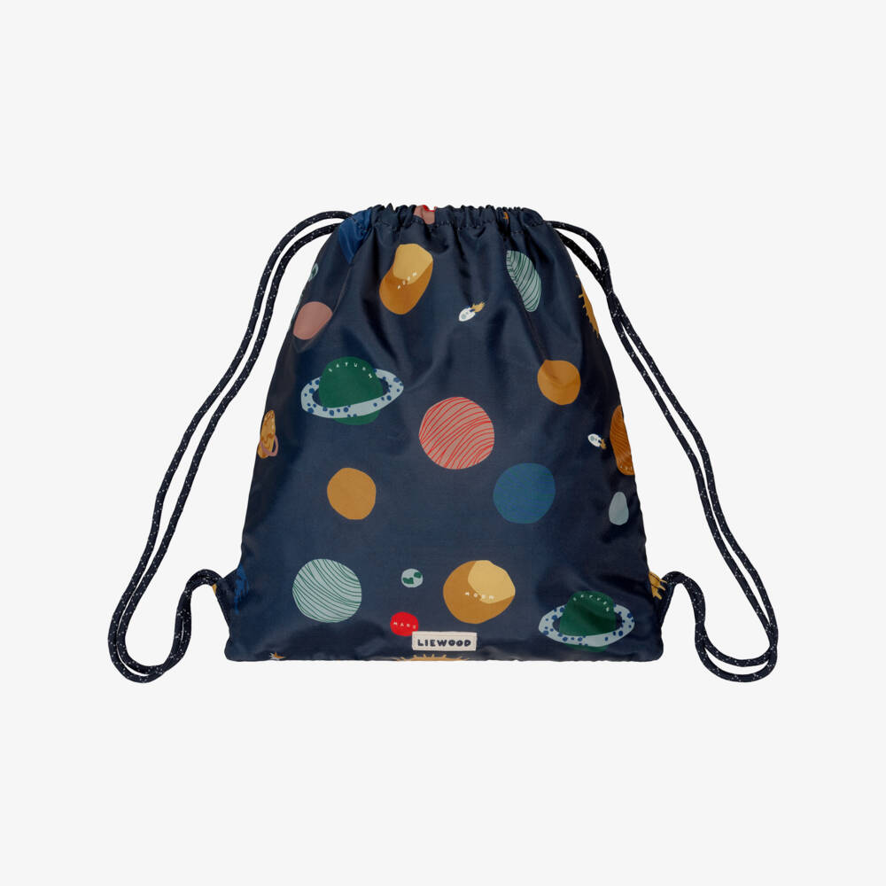 Liewood-Boys Navy Blue Drawstring Backpack with Space Print (36cm) | Childrensalon