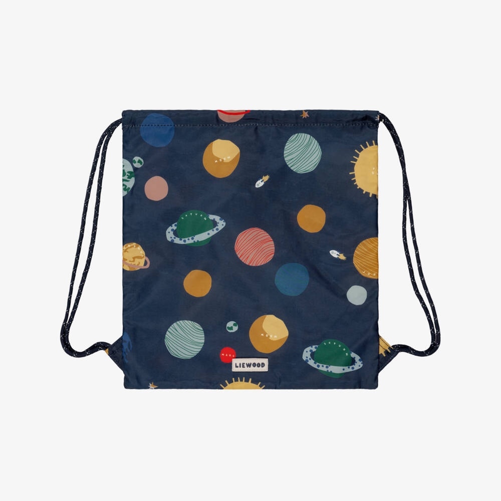 Liewood-Boys Navy Blue Drawstring Backpack with Space Print (36cm) | Childrensalon