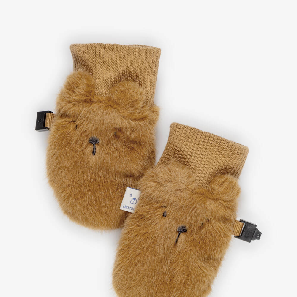 Liewood-Brown Plush Bear Mittens for Baby | Childrensalon