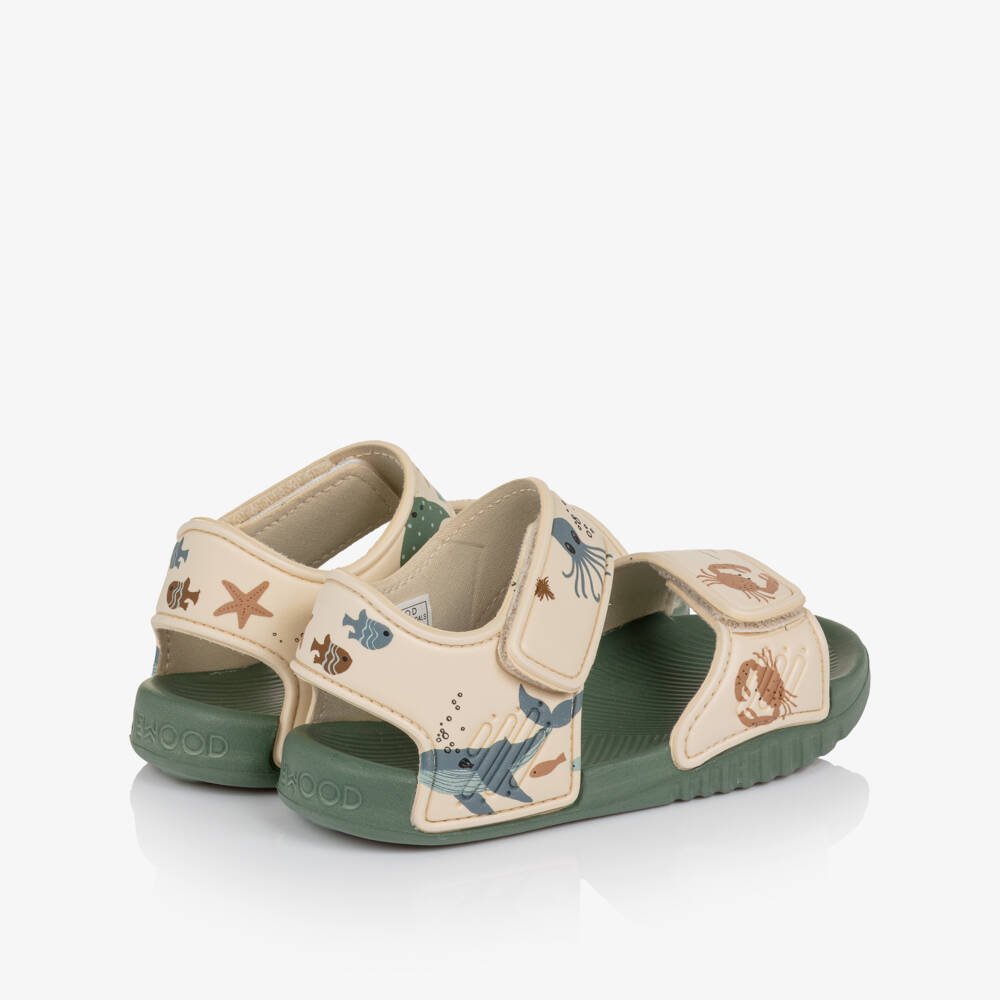 Liewood-Girls Beige & Green Sandals with Sea Creature Print | Childrensalon