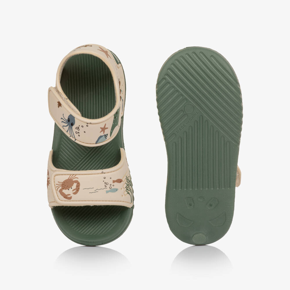 Liewood-Girls Beige & Green Sandals with Sea Creature Print | Childrensalon