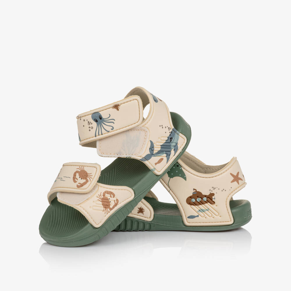 Liewood-Girls Beige & Green Sandals with Sea Creature Print | Childrensalon