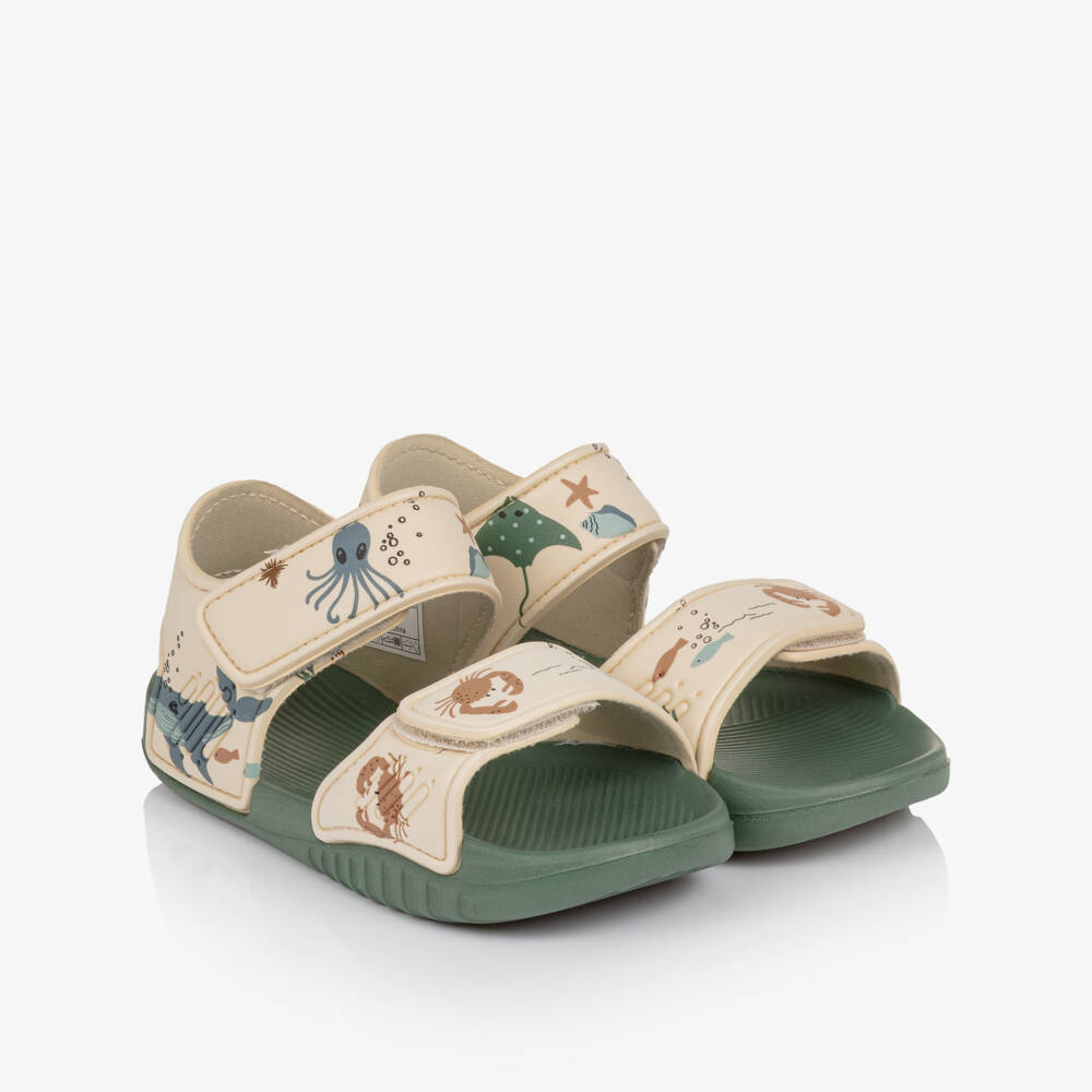 Liewood-Girls Beige & Green Sandals with Sea Creature Print | Childrensalon