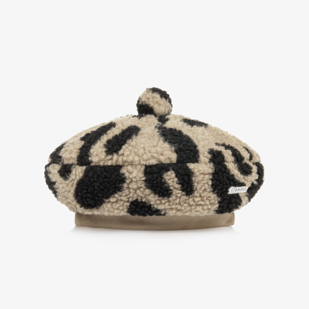 Liewood-Girls Beige Pile Beret Hat in Leopard Print | Childrensalon