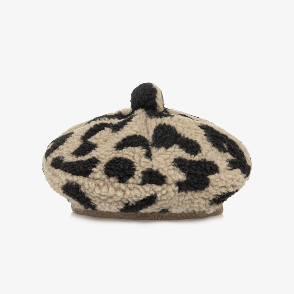Liewood-Girls Beige Pile Beret Hat in Leopard Print | Childrensalon