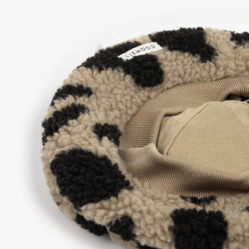 Liewood-Girls Beige Pile Beret Hat in Leopard Print | Childrensalon