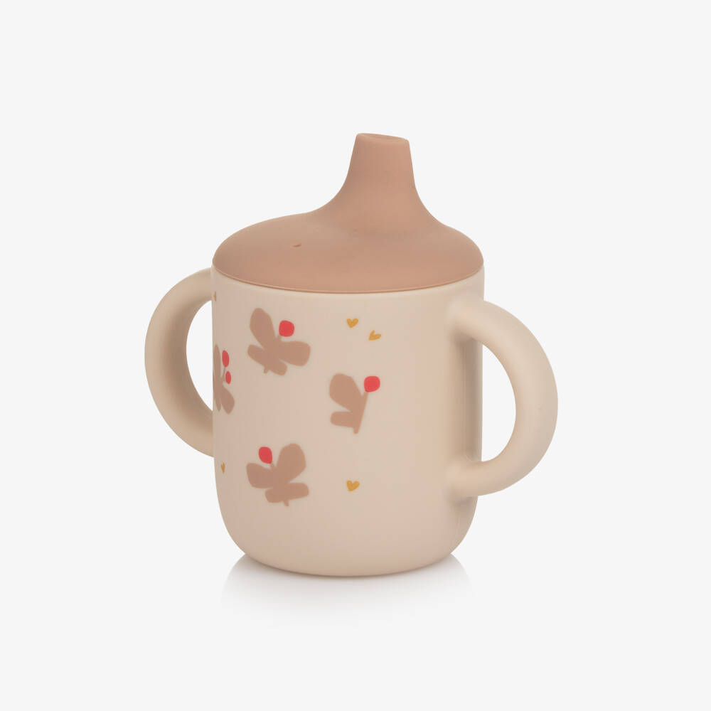Liewood-Girls Beige & Pink Silicone Sippy Cup with Butterfly Motifs (11cm) | Childrensalon