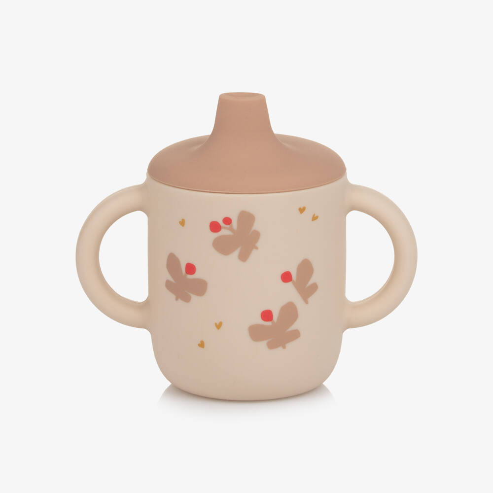 Liewood-Girls Beige & Pink Silicone Sippy Cup with Butterfly Motifs (11cm) | Childrensalon