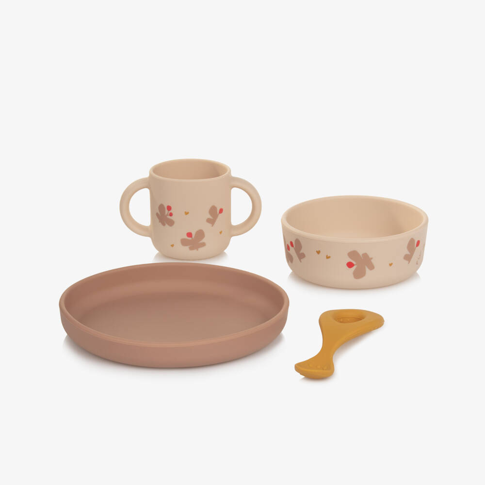 Liewood-Girls Beige & Pink Silicone Tableware Set with Butterfly Motifs (4 Pieces) | Childrensalon