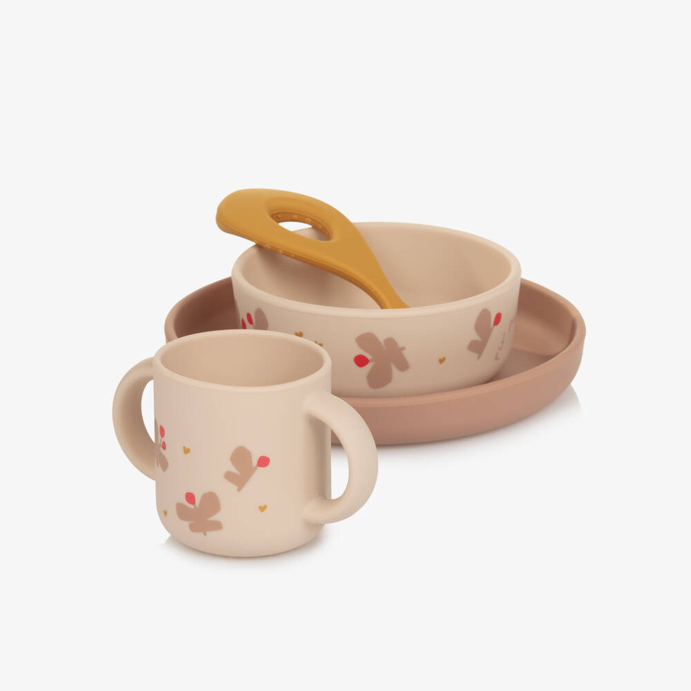 Liewood-Girls Beige & Pink Silicone Tableware Set with Butterfly Motifs (4 Pieces) | Childrensalon
