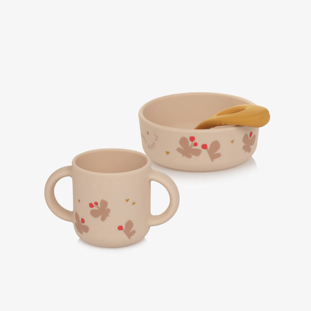 Liewood-Girls Beige & Pink Silicone Tableware Set with Butterfly Motifs (4 Pieces) | Childrensalon