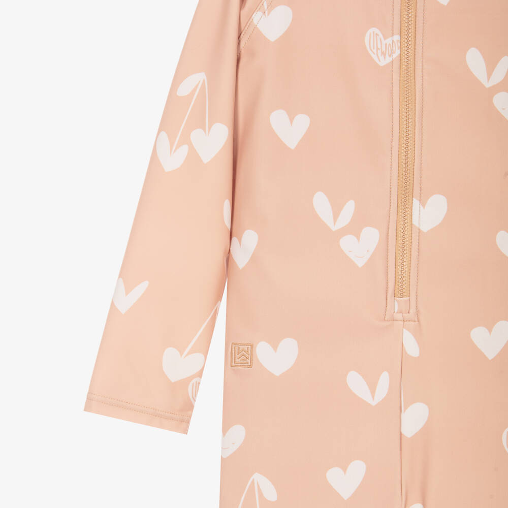 Liewood-Girls Dusky Pink Heart Print Sun Suit (UPF40+) | Childrensalon