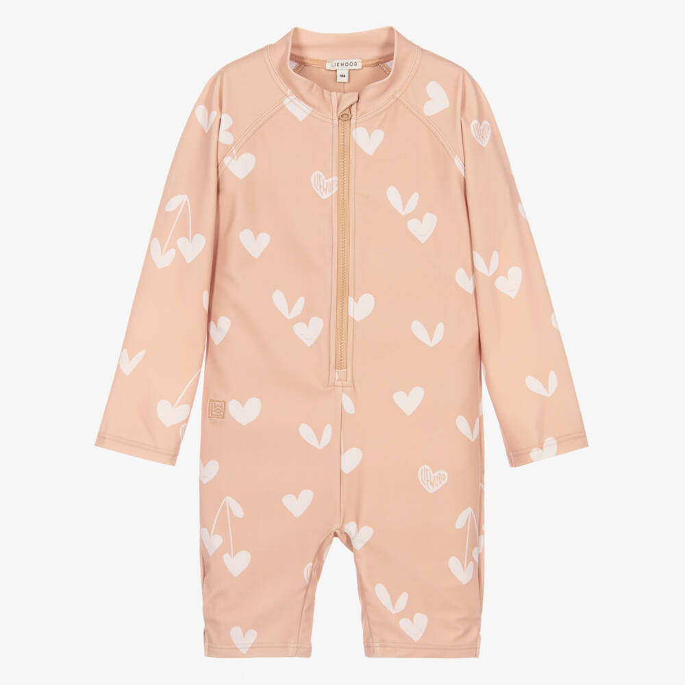 Liewood-Girls Dusky Pink Heart Print Sun Suit (UPF40+) | Childrensalon