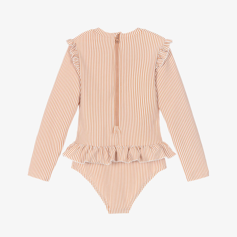 Liewood-Girls Dusky Pink Stripe Long Sleeve Swimsuit | Childrensalon