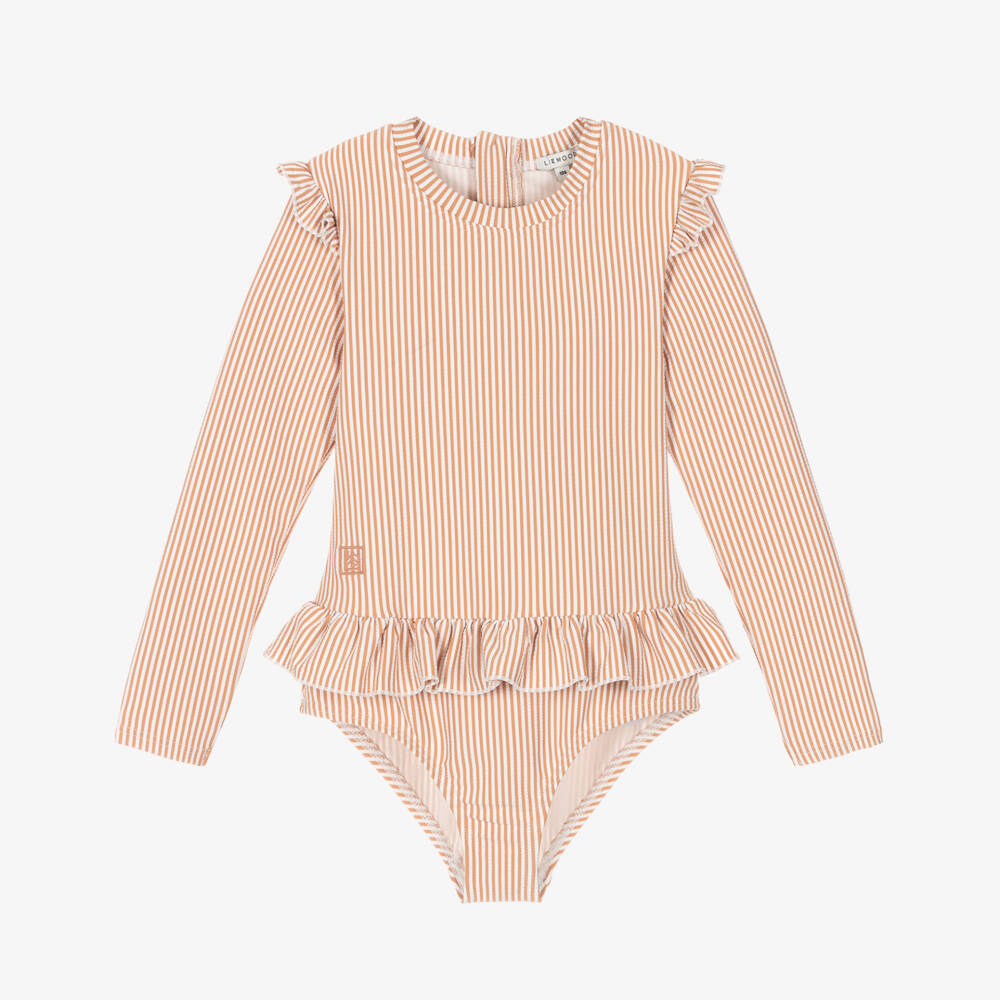 Liewood-Girls Dusky Pink Stripe Long Sleeve Swimsuit | Childrensalon