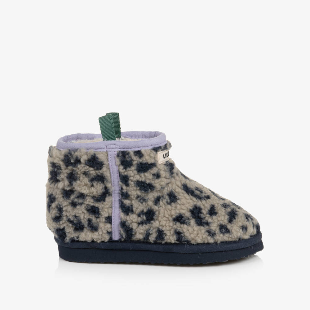 Liewood-Girls Grey Leopard Print Teddy Fleece Boots | Childrensalon
