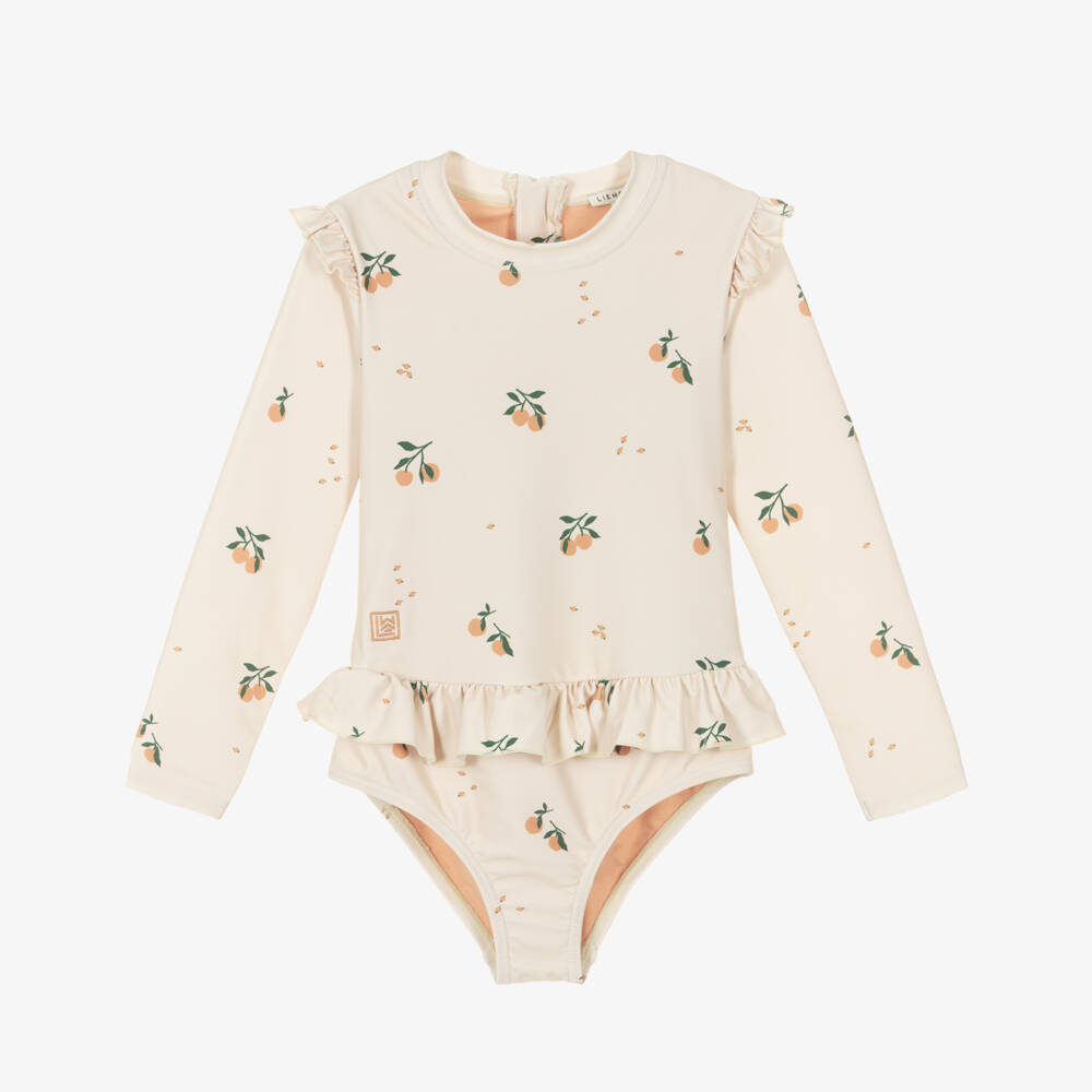 Liewood-Girls Ivory Swimsuit with Peach Print | Childrensalon