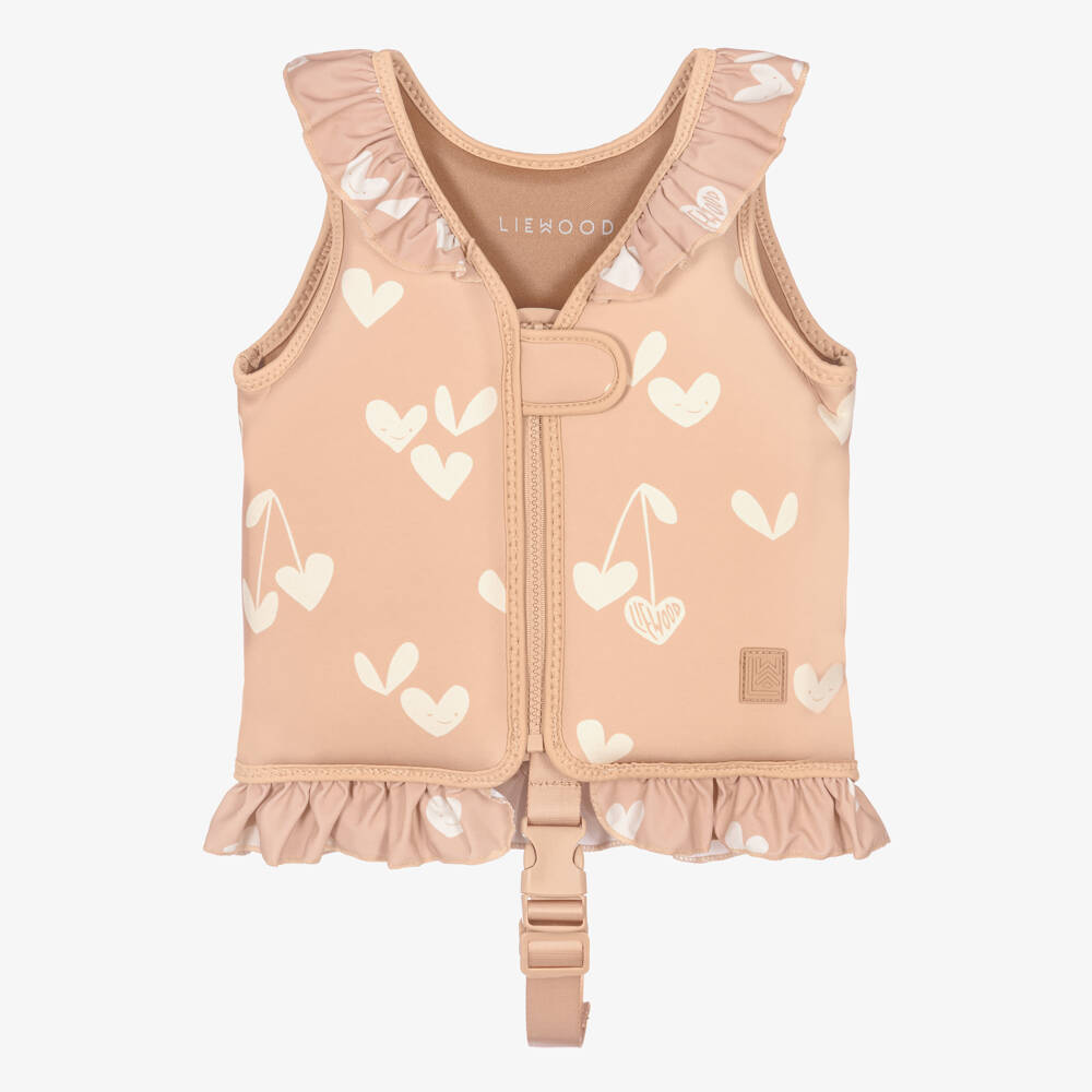 Liewood-Girls Pink Heart Print Float Vest With Frilly Trims | Childrensalon