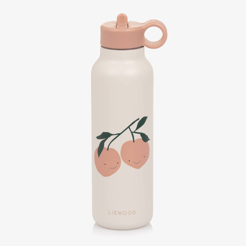 Liewood-Girls Pink Stainless Stain Water Bottle with Peach Motif (22cm) | Childrensalon