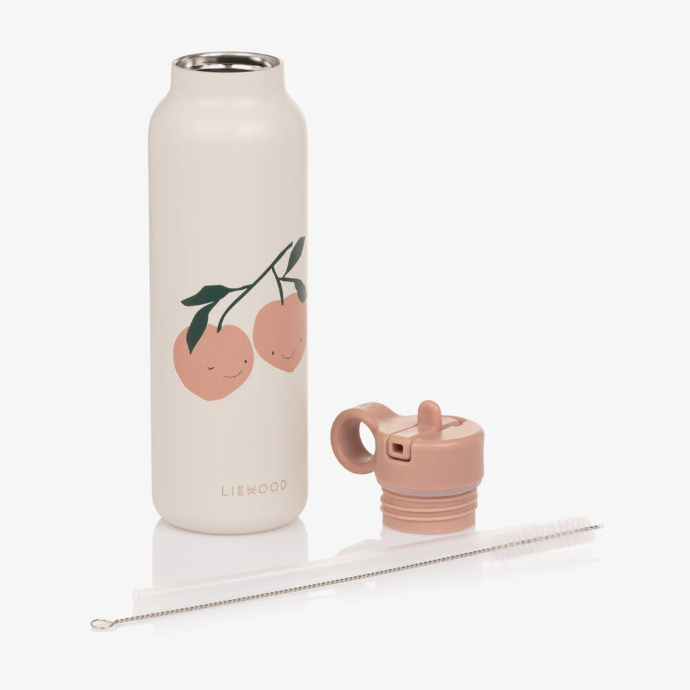 Liewood-Girls Pink Stainless Stain Water Bottle with Peach Motif (22cm) | Childrensalon